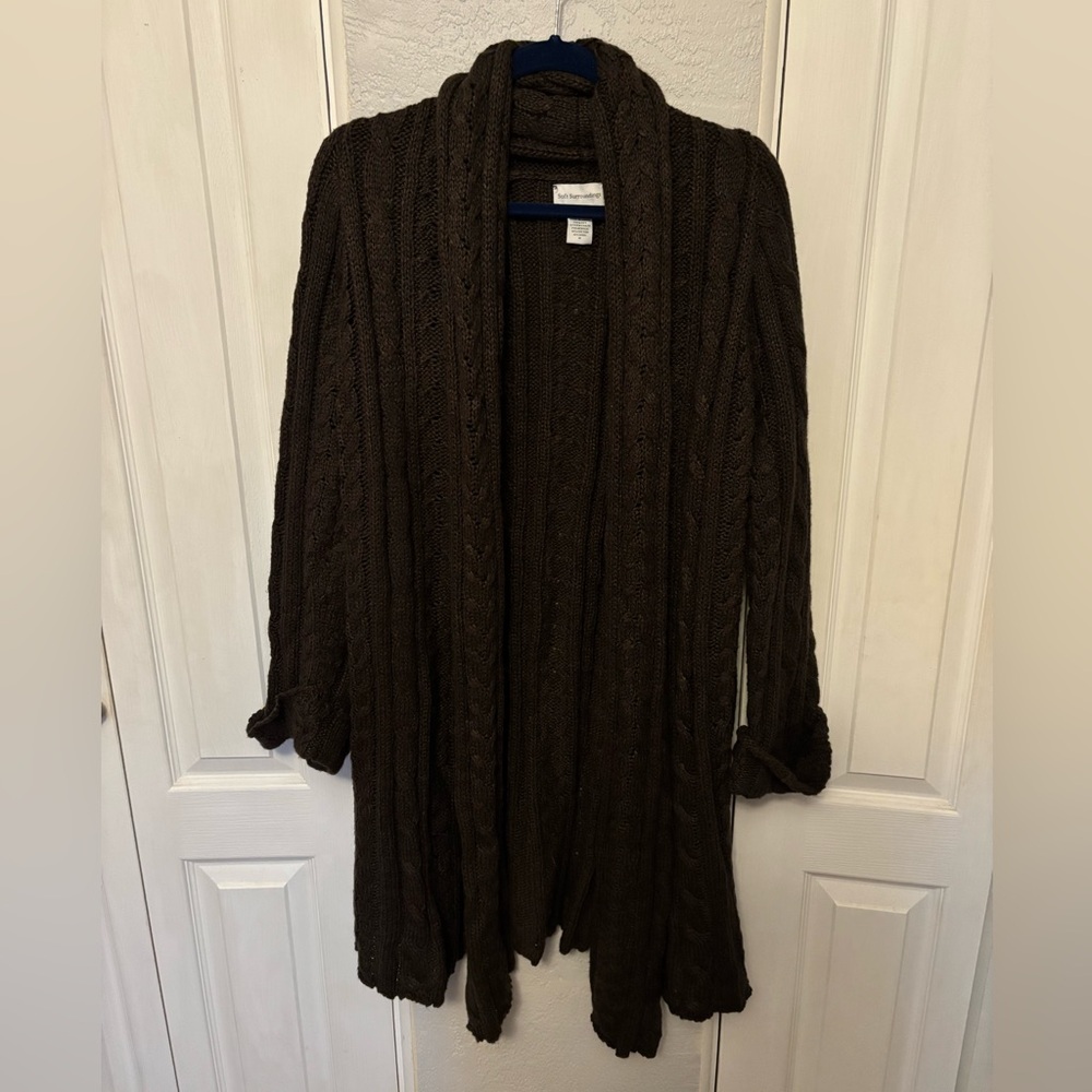 Vtg Soft Surroundings Chocolate Brown Cableknit Duster Cardigan Size Medium